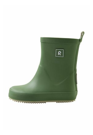 Botte de pluie en caoutchouc verte avec une surface texturée, un bout arrondi et une semelle texturée. Présente un patch logo et une bride à l'arrière.