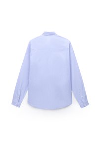 Light blue button-up shirt, long sleeves, with a smooth texture and back yoke detail. Features button cuffs and a curved hem.