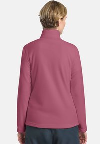 Pullover in pile di colore rosa tenue con colletto alto, maniche lunghe e texture liscia. Il design presenta un orlo arrotondato e nessun hardware visibile.