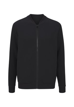 Schwarze Bomberjacke mit Reißverschluss, aus strukturiertem Stoff, mit gerippten Bündchen und rundem Halsausschnitt. Sauberes Design ohne sichtbare Logos oder Muster.