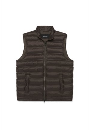 Temno rjava brezrokavnik iz kviltanega materiala z zadrgo spredaj in dvema stranskima žepoma, položen ravno na beli podlagi.