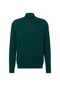 Grüner gestrickter Pullover mit hohem Kragen, kurzer Reißverschluss, gerippten Bündchen und Saum sowie einem strukturierten Stoff mit einem Patch-Logo auf der Brust.