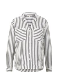 Grijs en wit gestreepte button-up shirt met twee borstzakken, lange mouwen en een V-hals, met een gebogen zoom en lichtgewicht stof.