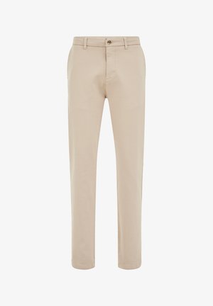 Beige puuvillahousut suoran istuvuuden kanssa, joissa on yksittäinen nappikiinnitys ja vyölenkit, sileä rakenne ja ilman näkyviä kuvioita.