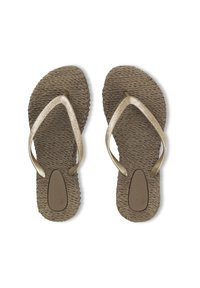 Brown woven flip-flops with glittery gold straps. Features textured footbed and smooth sole. Brand logo on inner side.
