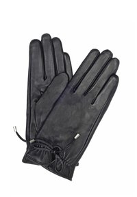 Czarne skórzane rękawiczki o gładkiej teksturze, z pięcioma palcami, dopasowanym krojem oraz regulowanym zaciągiem na nadgarstku.