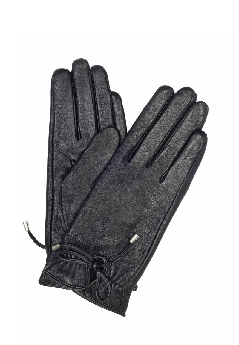 Czarne skórzane rękawiczki o gładkiej teksturze, z pięcioma palcami, dopasowanym krojem oraz regulowanym zaciągiem na nadgarstku.