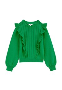 Pulover verde tricotat cu accente volă, linii verticale texturate, decolteu rotund și mâneci lungi tip balon. Material moale, ajustat la talie.