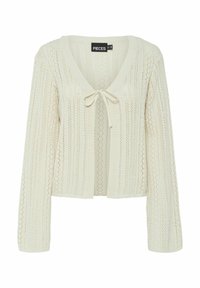 Kofta i off-white med V-hals, långa ärmar, öppen fram och knytstängning. Har en strukturerad, öppen maskdesign.
