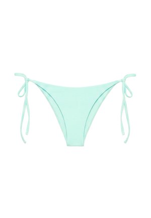 Jasnoniebieski dół od bikini z wiązaniami po bokach, rozłożony płasko na białym tle. Brak widocznych marek ani wzorów.