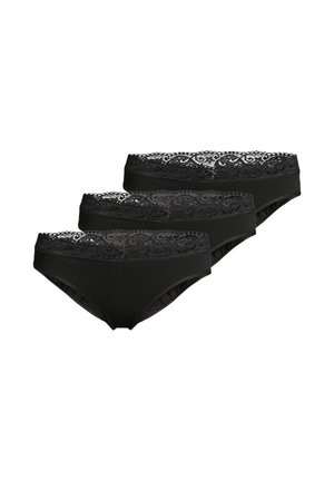 Drei identische schwarze Damen-Slips mit Spitzenbesatz am Bund, in versetzter Reihe auf weißem Hintergrund angeordnet.