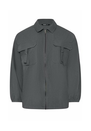 Gray zip-up jacket with a collar, featuring two chest pockets and elasticized cuffs. Made of smooth fabric with a minimal design.
