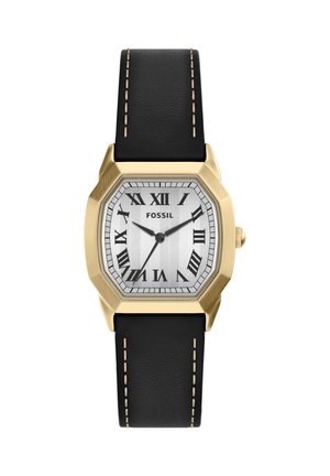 Goldfarbene quadratische Uhr mit schwarzem Lederarmband, weißem Zifferblatt, schwarzen römischen Zahlen und drei schwarzen Zeigern, die 10:09:36 anzeigen.