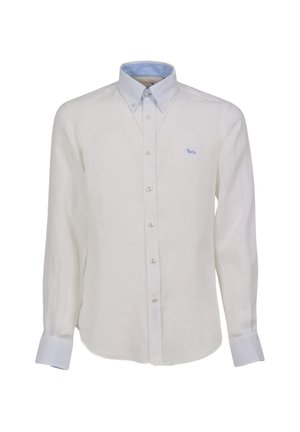Witte linnen overhemd met lange mouwen, een lichtblauwe button-down kraag, voorknopen en een klein blauw teckel-logo op de borstzak.