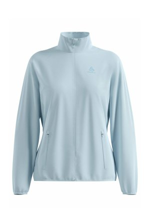 Veste bleu clair à fermeture éclair intégrale avec col haut, tissu en mesh, poches latérales zippées et petit logo sur la poitrine gauche.