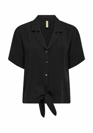 Black short-sleeve button-up shirt with a collared neckline, featuring a front knot detail and smooth fabric texture.