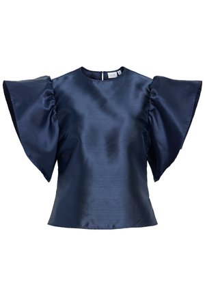 Bluza din satin albastru marin cu mâneci largi, strânse în pliuri în formă de fluture și decolteu rotund, având un mic nasture închizător în spate.