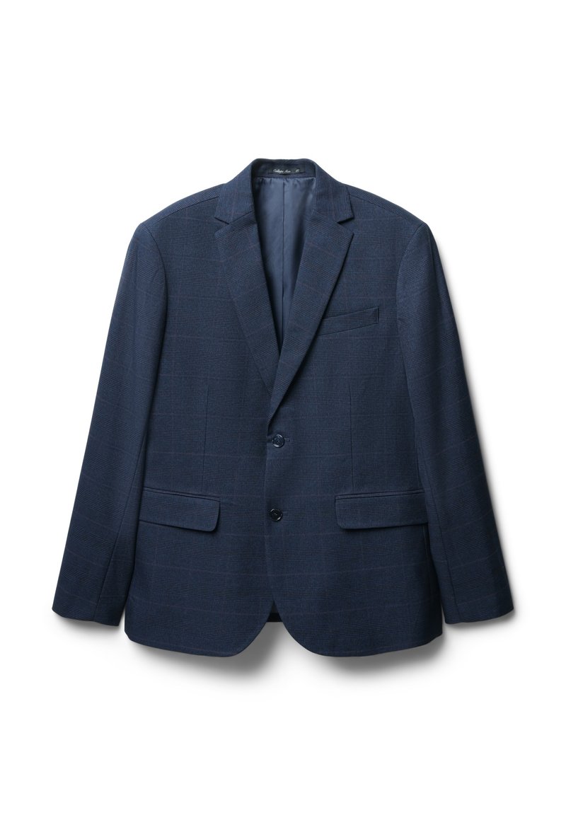 Dunkelblauer Blazer aus einem strukturierten Stoff mit Karomuster. Verfügt über einen Reverskragen, zwei Fronttaschen und zwei Knöpfe. Futter im Inneren.