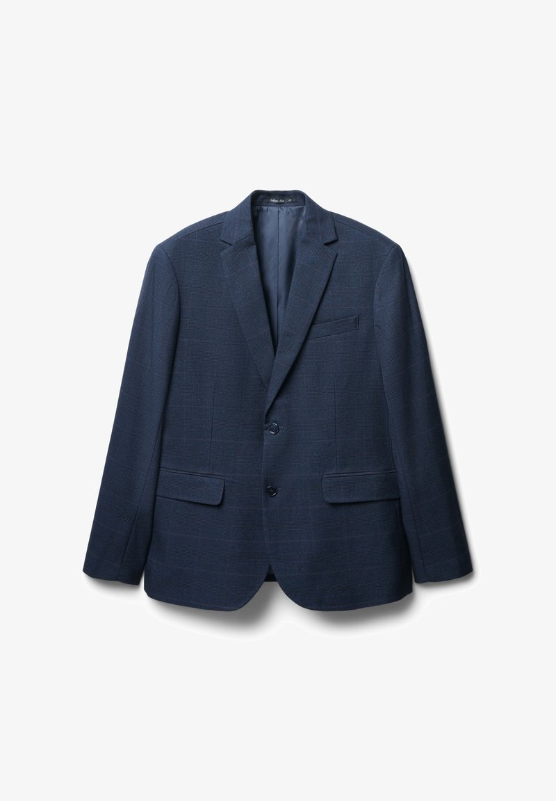 Dunkelblauer Blazer aus einem strukturierten Stoff mit Karomuster. Verfügt über einen Reverskragen, zwei Fronttaschen und zwei Knöpfe. Futter im Inneren.