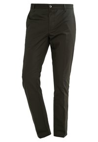 Donkergroene, slim-fit broek van gladde stof, met een frontknopen sluiting, riemlussen en zijzakken.