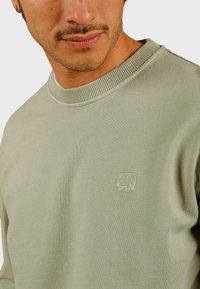 Groene sweatshirt van zacht materiaal, met een ronde hals en een klein olifantenlogo geborduurd op de borst. Gladde textuur.