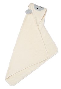 Hooded bath towel in cream, made of soft, textured fabric. Features a gray animal face detail atop the hood. Edged with a light trim.