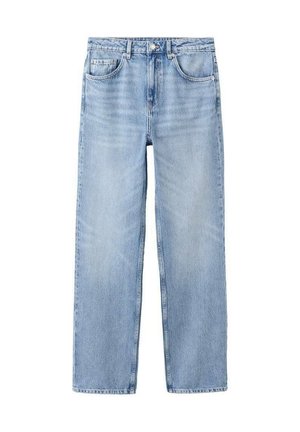 Světle modré džíny z denimu se střihem rovné nohavice, pěti kapsami, kontrastním prošitím a klasickým zapínáním na knoflíky a zip.