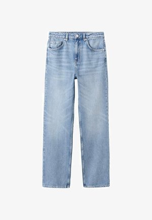 Light blue denim jeans with a straight-leg cut, five pockets, contrasting stitching, and a classic button and zipper closure.