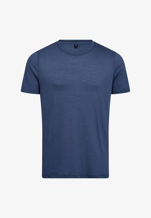 Navyblaues, kurzärmliges T-Shirt aus weichem Stoff mit rundem Halsausschnitt und glatter Oberfläche, das ein sauberes Design ohne sichtbare Logos aufweist.