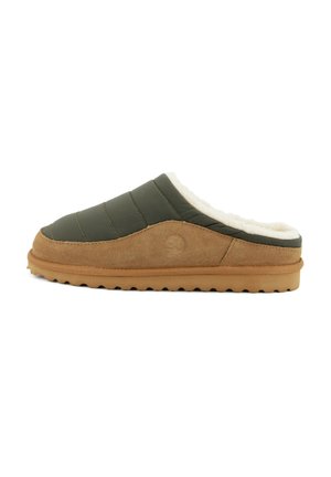 Pantofola verde senza lacci con design trapuntato, fodera in pelliccia bianca, dettagli in suede color sabbia e suola in gomma testurizzata per una migliore aderenza.