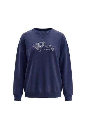 Mørkeblå langærmet sweatshirt med ribmanchetter og ribkant, med et motiv af en sommerfugl og blomster lavet af små hvide prikker på brystet.