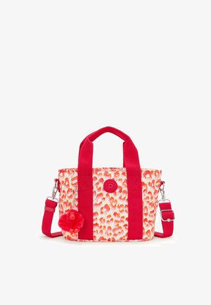 Red and yellow leopard-print handbag with dual top handles, detachable shoulder strap, and a red pom-pom charm attached to the side.