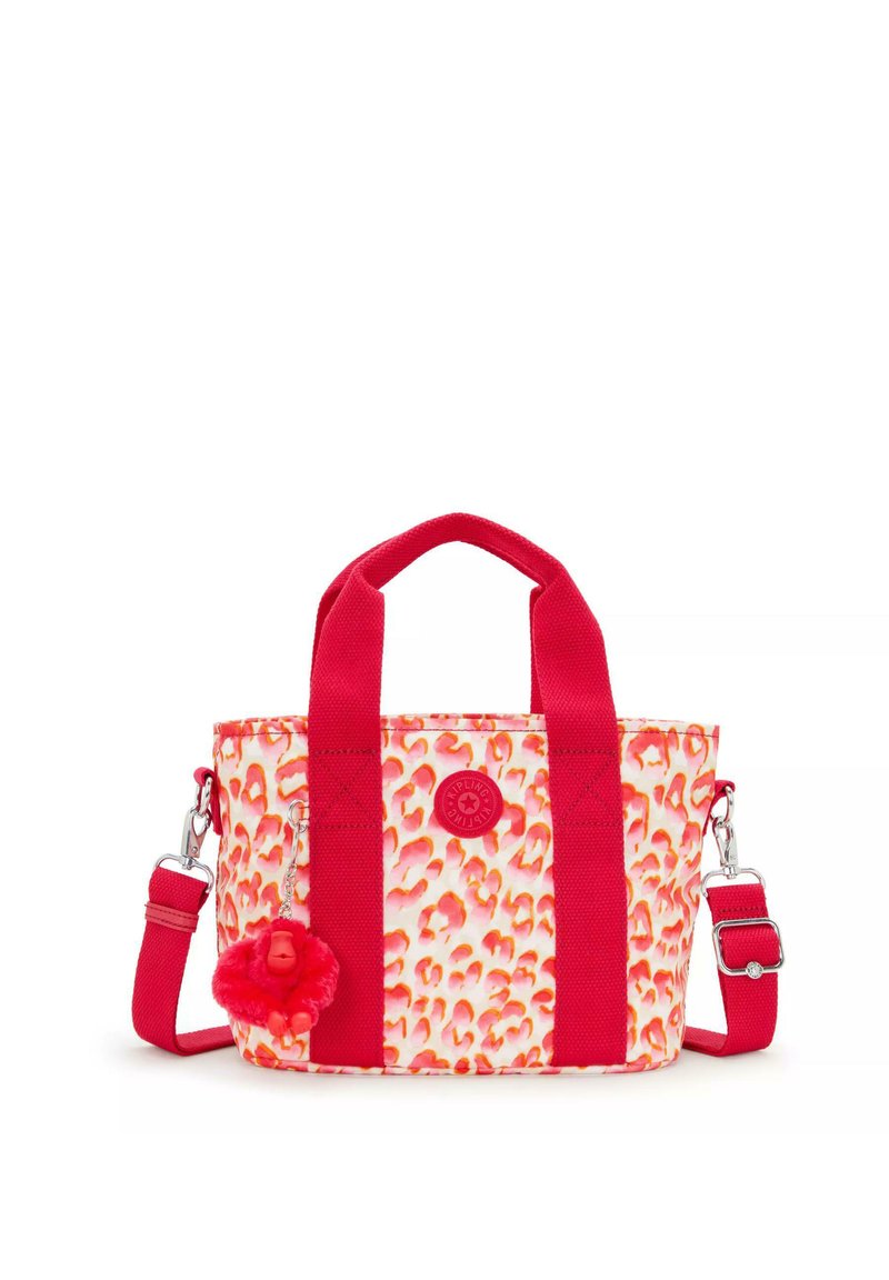 Borsa a tracolla con stampa leopardata rossa e gialla, dotata di doppi manici superiori, tracolla rimovibile e un charm a pompon rosso attaccato sul lato.
