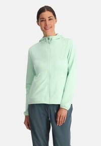 Giacca zip-up verde chiaro con cappuccio, caratterizzata da un tessuto testurizzato e maniche lunghe. Indossata con pantaloni grigi scuri.