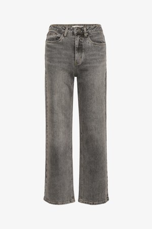 Ciemnoszare jeansy o prostych nogawkach z wysokim stanem, wyposażone w przednie kieszenie, zapięcie na zamek oraz subtelny, sprany wzór na całej powierzchni.