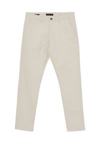 Pantalons beiges en mélange de coton, avec des jambes droites, des poches avant, une fermeture à bouton et une taille avec passants de ceinture.