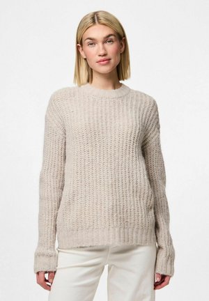 Light beige knitted sweater with a textured pattern, ribbed crew neckline, and long sleeves. Made from soft, warm yarn.