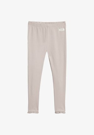 Beige peuterlegging met elastische tailleband en een kleine gerimpelde rand bij de enkel, met een "newbie" merklabel vlak bij de taille.