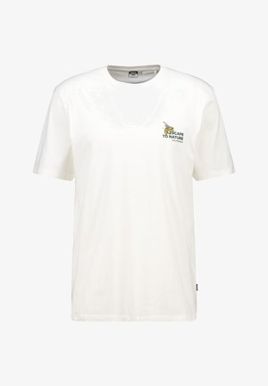 T-shirt en coton blanc avec un col en V et des manches courtes, présentant un graphisme d'une abeille et le texte "EVADEZ-VOUS DANS LA NATURE CALIFORNIE" en vert et jaune.