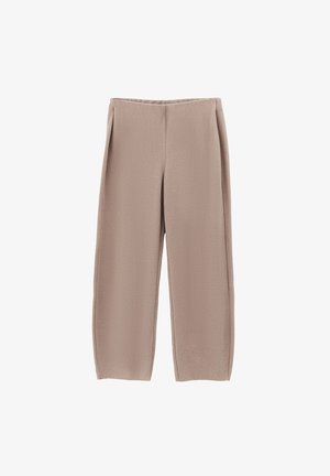Beige wijde broek met gestructureerde stof, voorplooien en een hoog tailleontwerp, die zorgen voor een ontspannen silhouet.