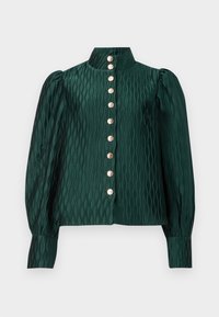 Dark green textured blouse with puffed long sleeves, high collar, and a vertical row of nine gold decorative buttons.