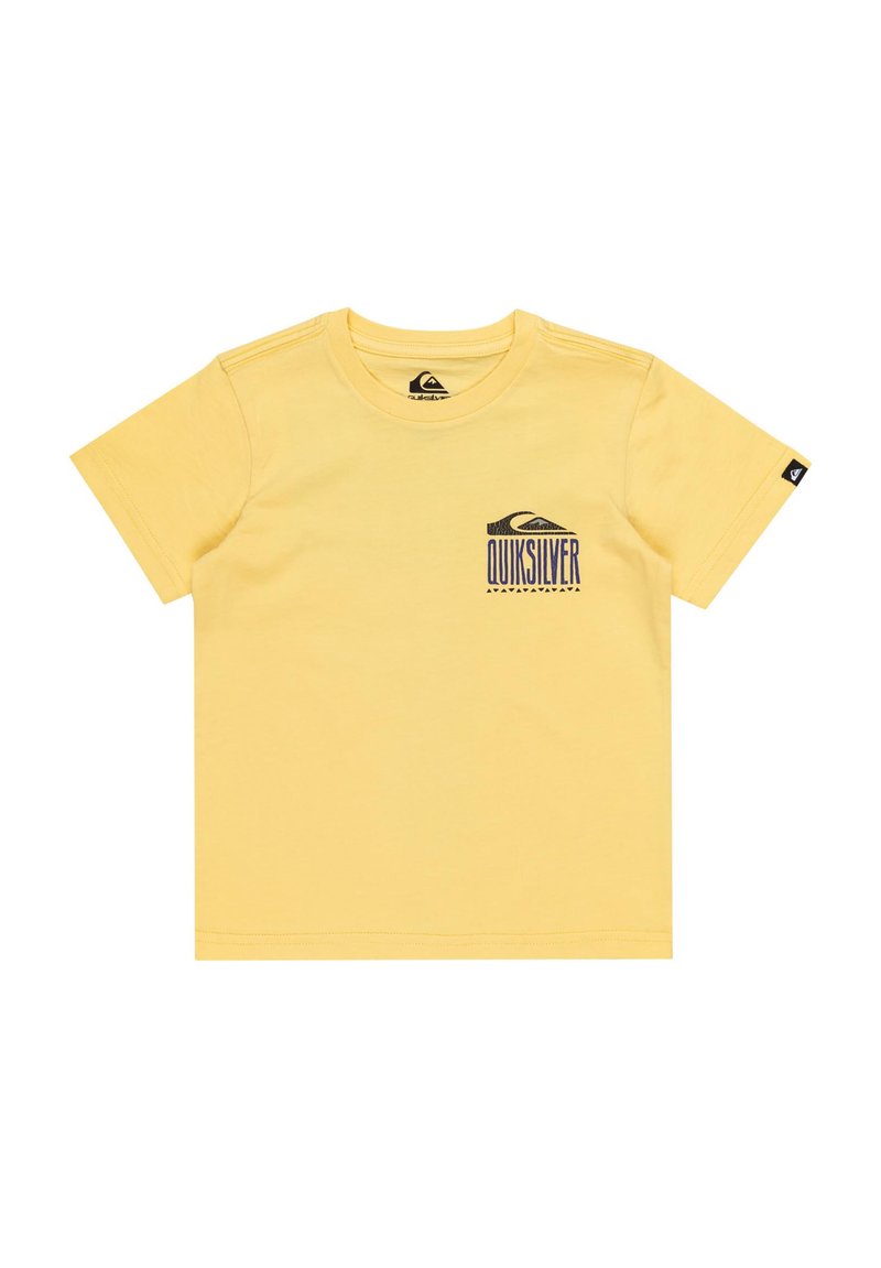 Gul bomull t-shirt med korta ärmar och rund halsringning. Har en blå Quiksilver-logotyp tryckt på bröstfickan.