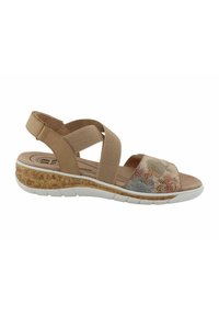 Sandale tan avec un talon en liège texturé, dotée de brides croisées et d'un devant décoré de motifs aux couleurs claires avec des touches de bleu et des accents métalliques.