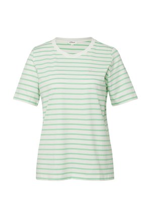 T-shirt blanc à manches courtes avec des rayures horizontales vert clair et un col rond, présenté sur un fond blanc.