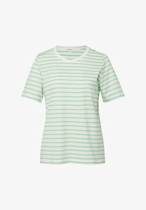 T-shirt blanc à manches courtes avec des rayures horizontales vert clair et un col rond, présenté sur un fond blanc.