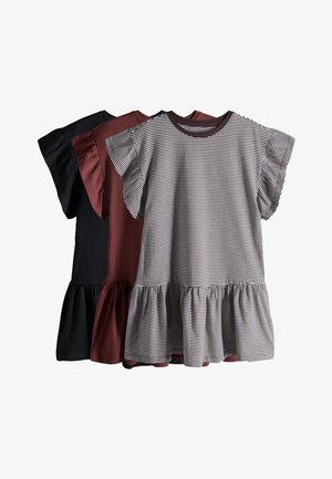 Trois robes à manches courtes avec des manches et des ourlets volantés, en noir, marron et blanc avec des rayures noires, superposées sur un fond blanc.