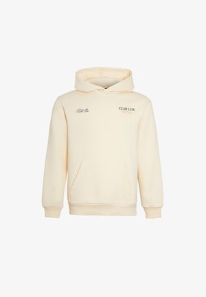Sweatshirt com capuz de cor creme, com bolso frontal e pequenos logotipos de texto a preto e laranja no peito.