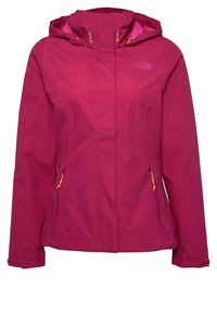 Veste imperméable pour femmes de couleur rose vif avec capuche, poches latérales zippées et cordons de capuche ajustables.