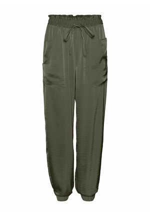 Pantalons légers de couleur vert olive, avec une taille élastique, un cordon de serrage et deux poches avant. Texture lisse avec des poignets ajustés.