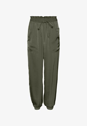 Olive green, lightweight trousers with an elastic waistband, drawstring tie, and two front pockets. Smooth texture with tapered cuffs.